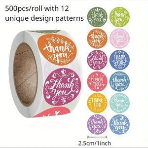 Roll of 500 Thank You Stickers 12 Assorted Colors